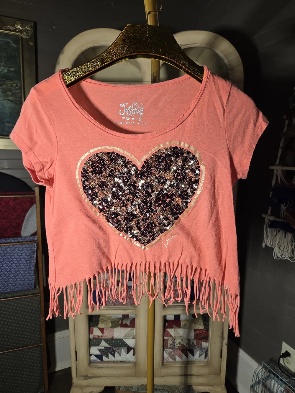 Justice Coral Fringe Tee with Sequin Heart